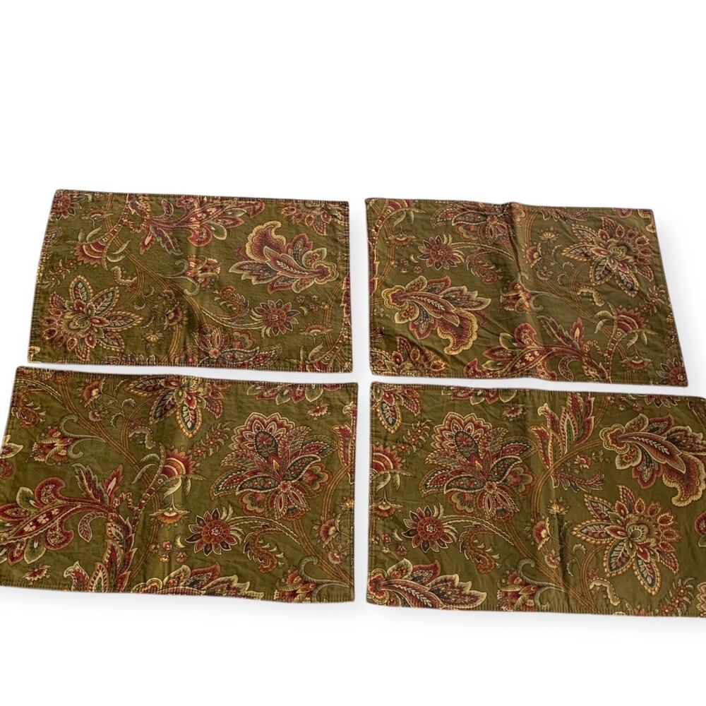 Set of 4 Placemats Boho Paisley Floral Olive Green Burgundy Gold